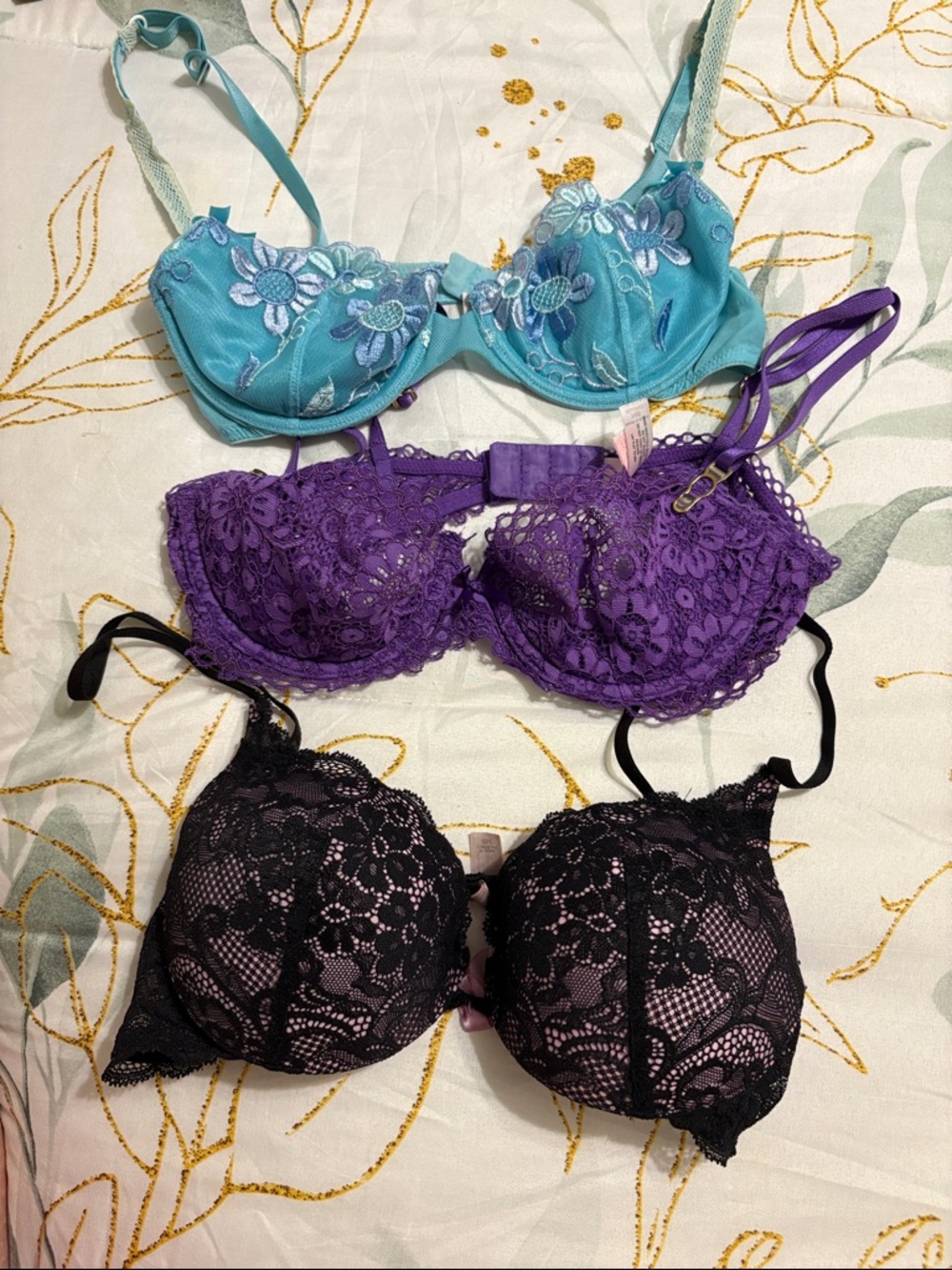 Victoria secret 3 Pack Lace & Embroidered Bras in Teal, Purple, and Black
